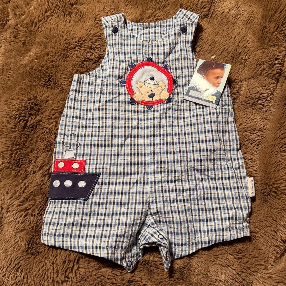 VTG 2006 Vitamins Kids Blue Plaid Baby Romper Bear & Boat Patches NWT